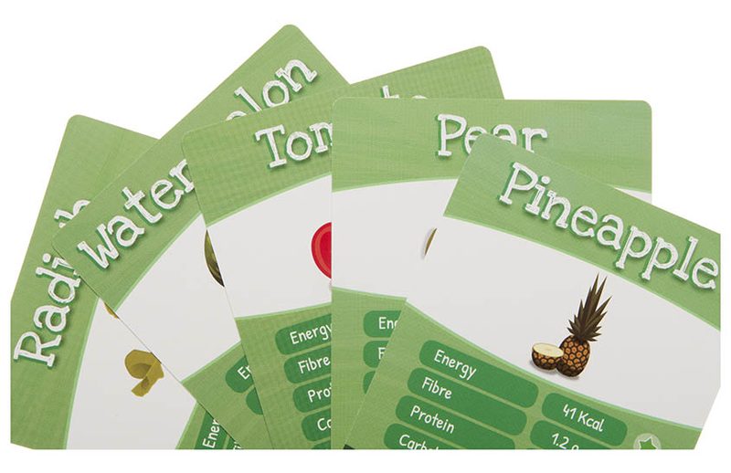 Veggie Trumps cards fanned out: Radish, Watermelon, Tomato, Pear and Pineapple